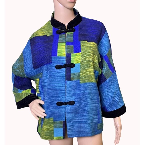 Vintage Wool Blend Geometric Print Jacket With Mandarin Collar & Frog Closure - Picture 1 of 11